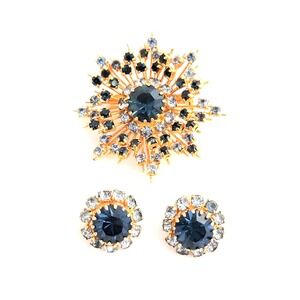Austria Starburst Brooch Earrings Dark & Light Blue Rhinestones Gold Bling Glam